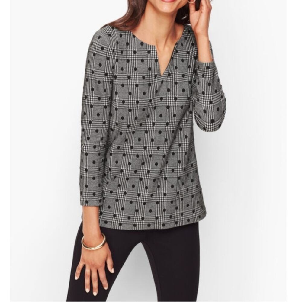 Talbots blouse women’s large plaid polka dot 3/4 Sleeve stretch black white